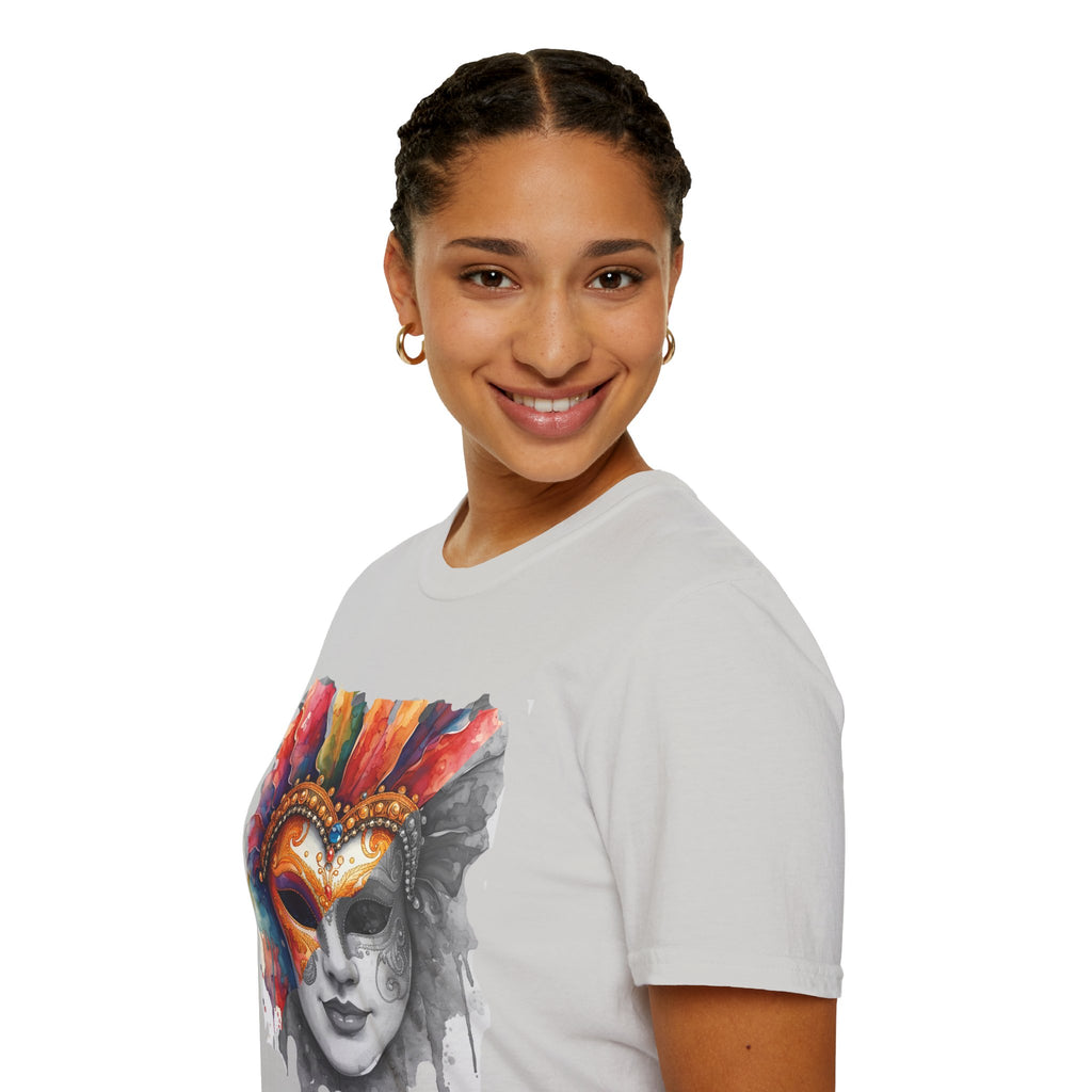 White crewneck T-shirt on model with watercolor masquerade face mask print on front