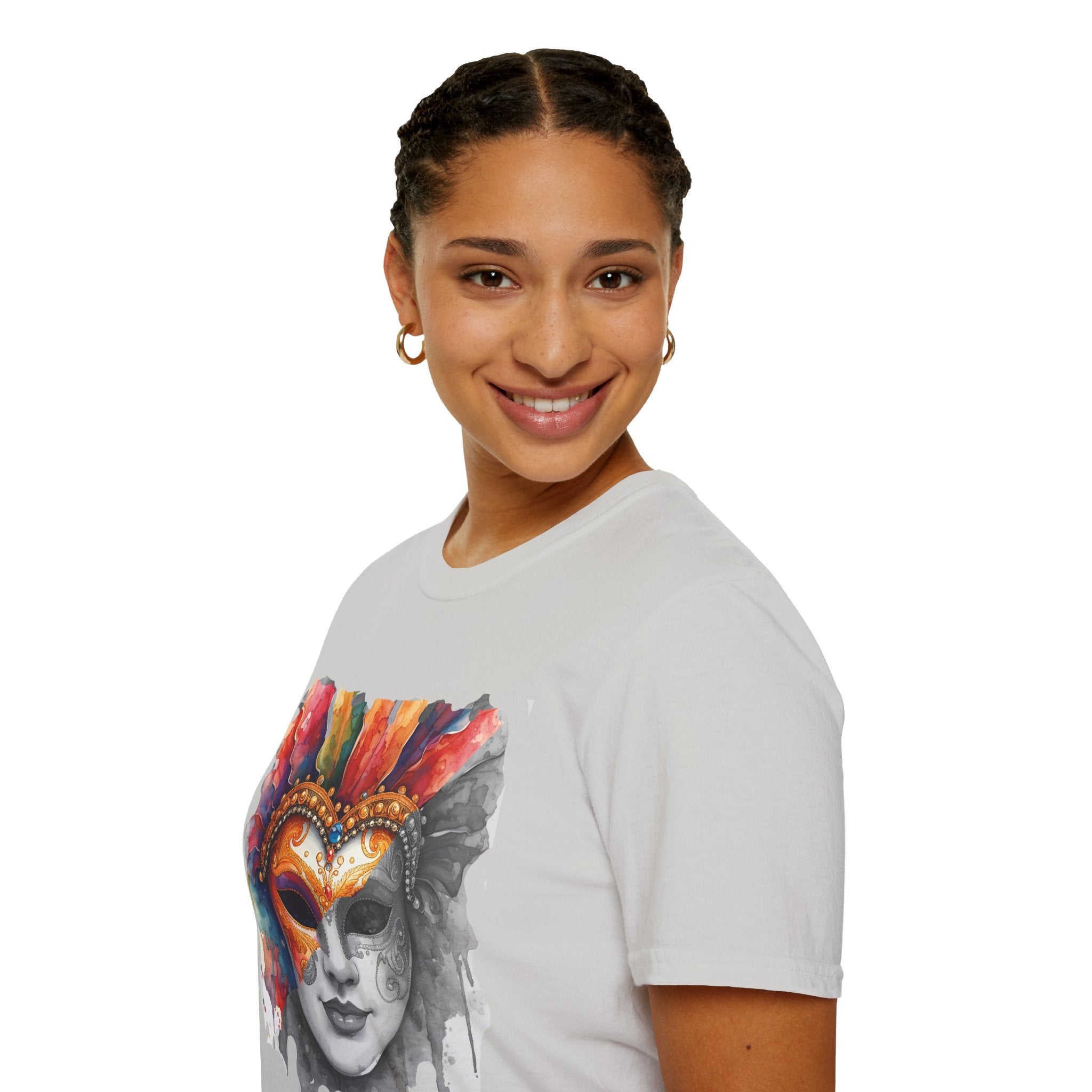 White crewneck T-shirt on model with watercolor masquerade face mask print on front