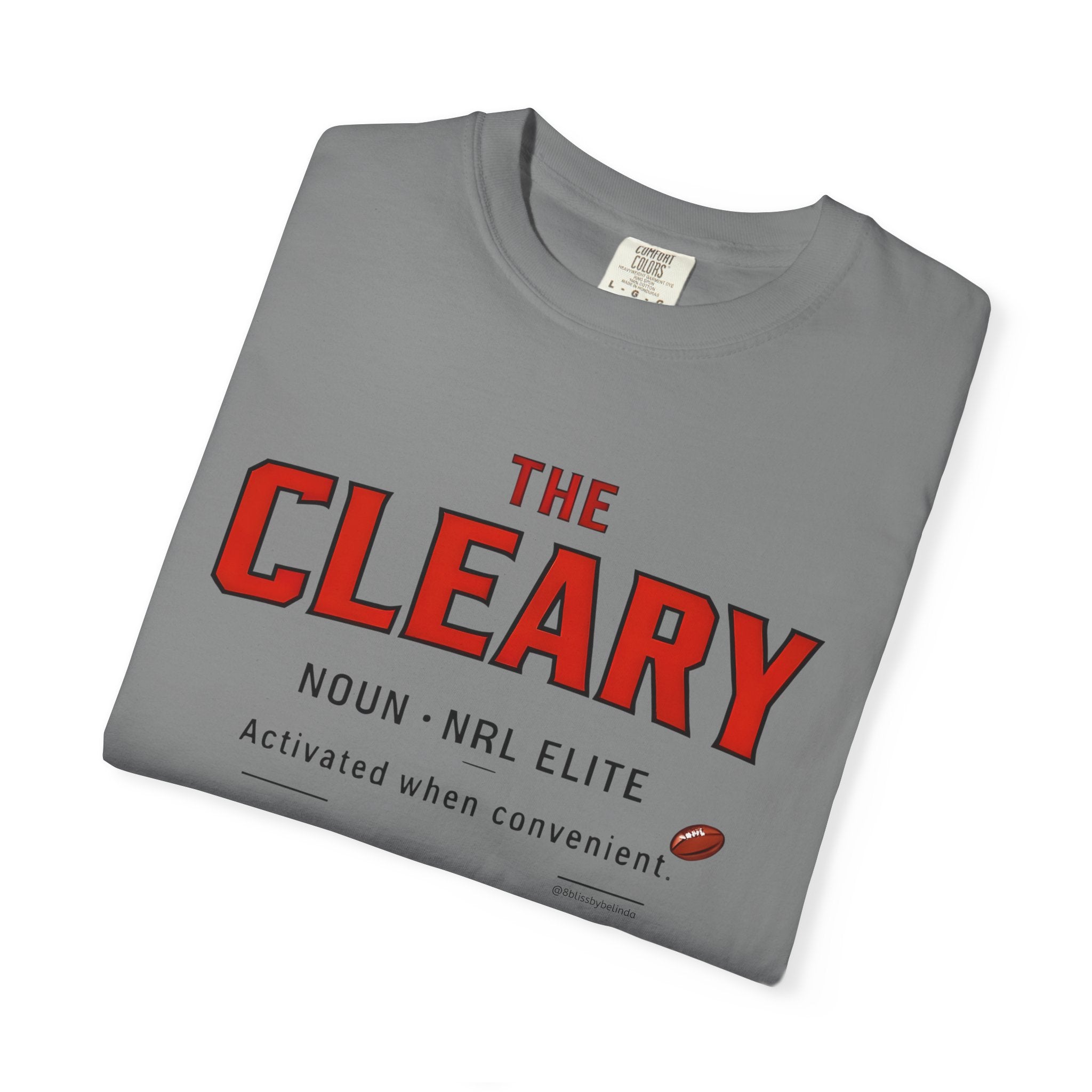 Grey graphic t-shirt with red 'The Cleary' sports slogan front print