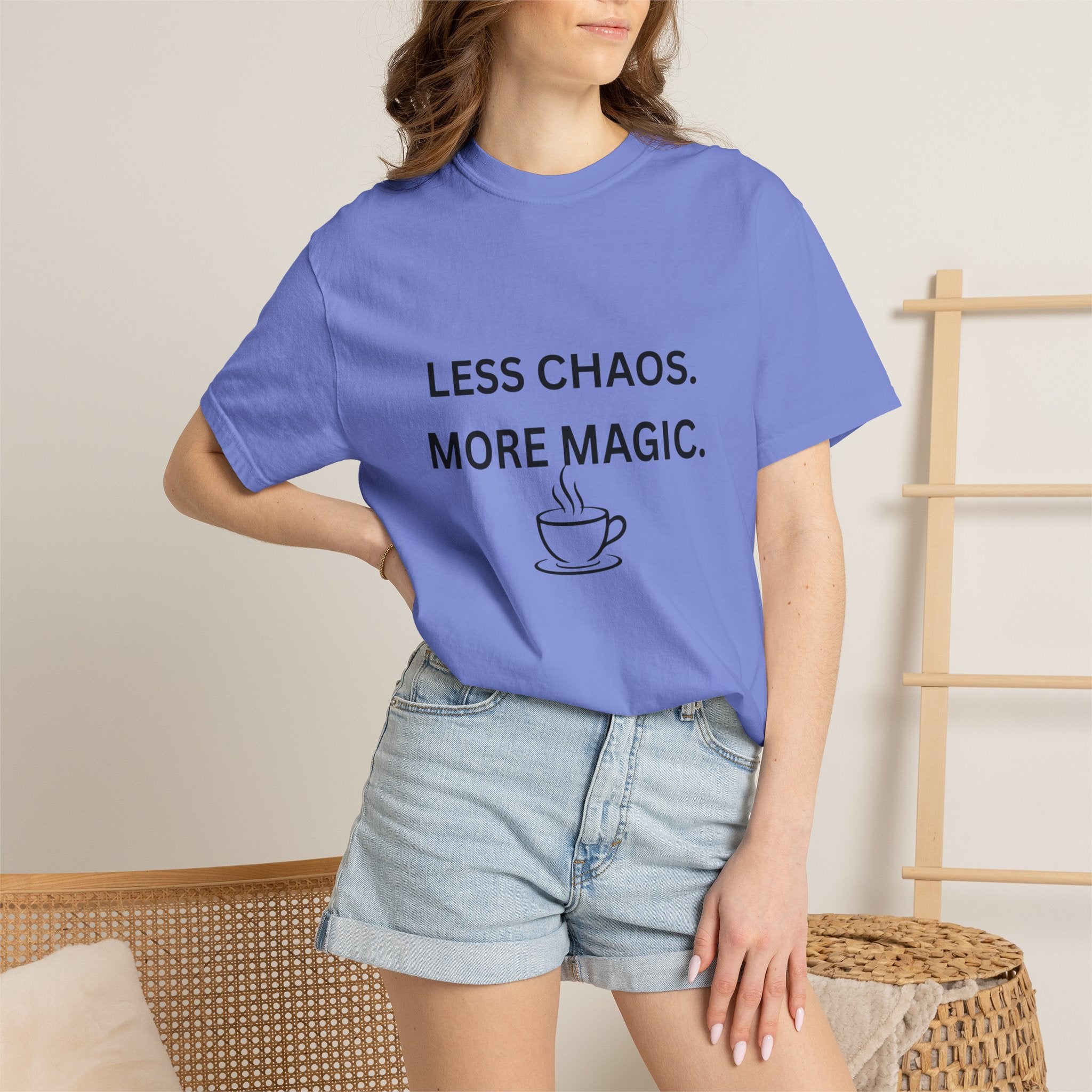 Less Chaos, More Magic T-Shirt — Cozy Coffee Cup Graphic Tee