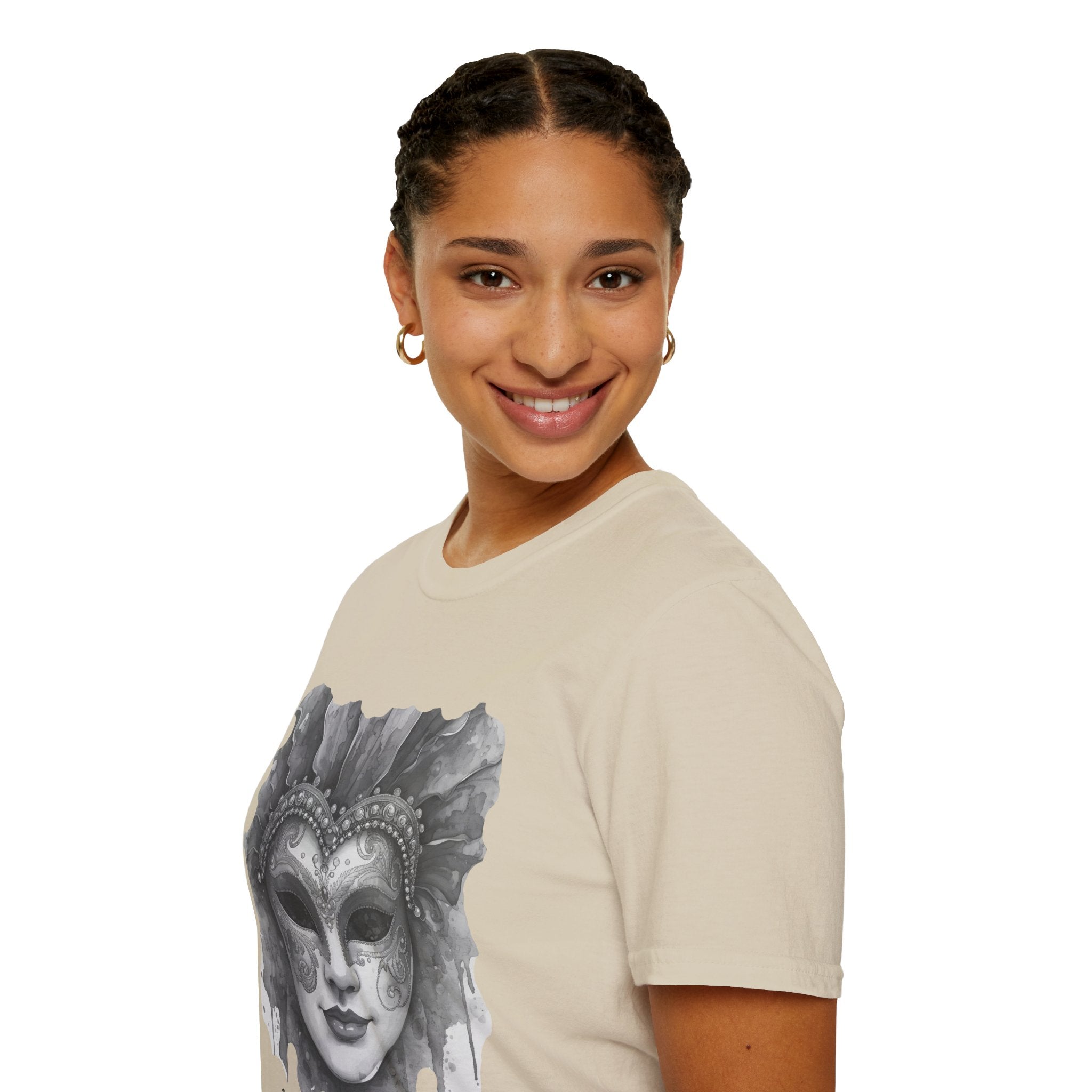 Beige crew-neck face graphic t-shirt with grayscale masquerade mask watercolor print, side view