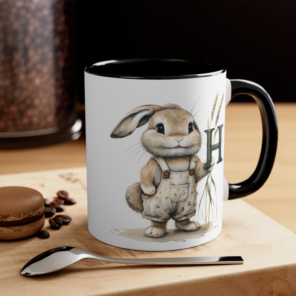 Whimsical Letter H Bunny Accent Mug, Coffee Cup, Cute Gift for Animal Lovers, Perfect for Easter & Birthdays, 11oz