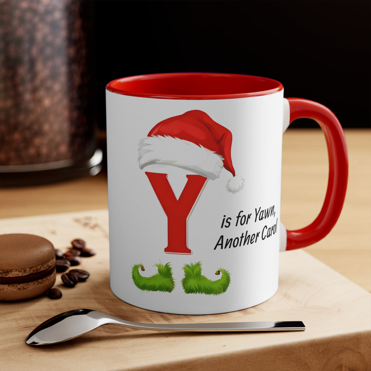Christmas letter Y mug with Santa hat graphic, red Y and green mustache, red handle