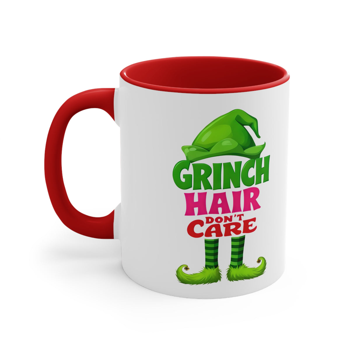 Christmas accent mug, white with red rim and handle; Grinch 'Hair Don't Care' front artwork
