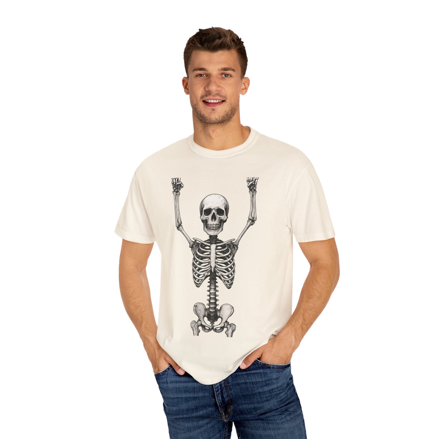 Hands Up Skeleton Graphic T-shirt, Unisex Vintage Tee for Halloween, Casual Wear, Skeleton Art, Gift for Spooky Lovers, Festival Apparel