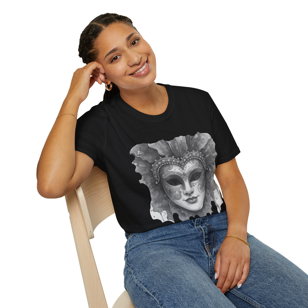 Black crewneck t-shirt worn by model, grey masquerade mask face print across chest