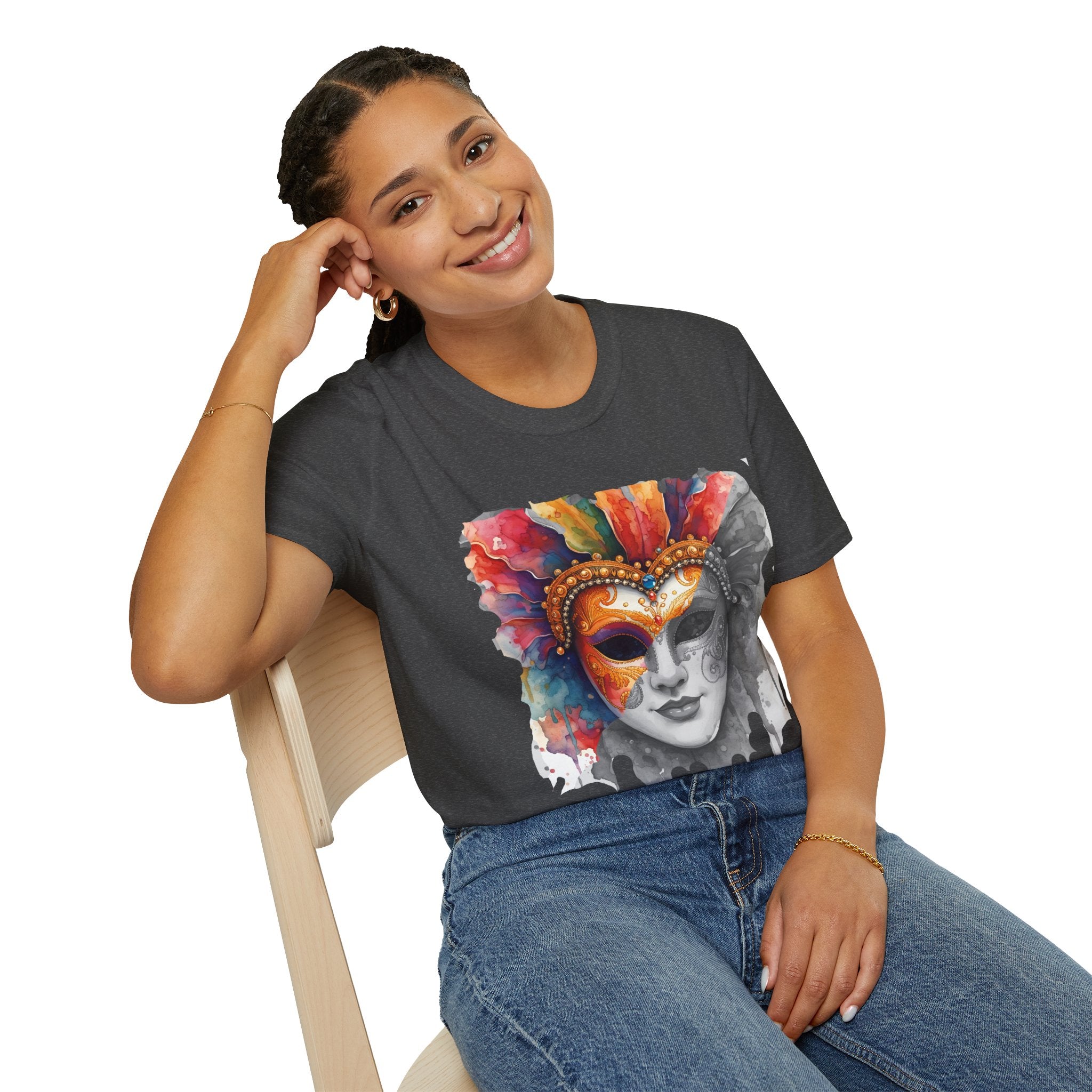Charcoal face mask graphic T-shirt on model, watercolor masquerade mask front print