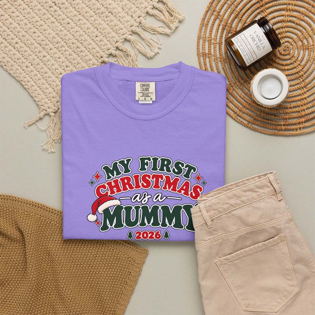 Violet T-shirt with 'My First Christmas as a Mummy 2026' graphic