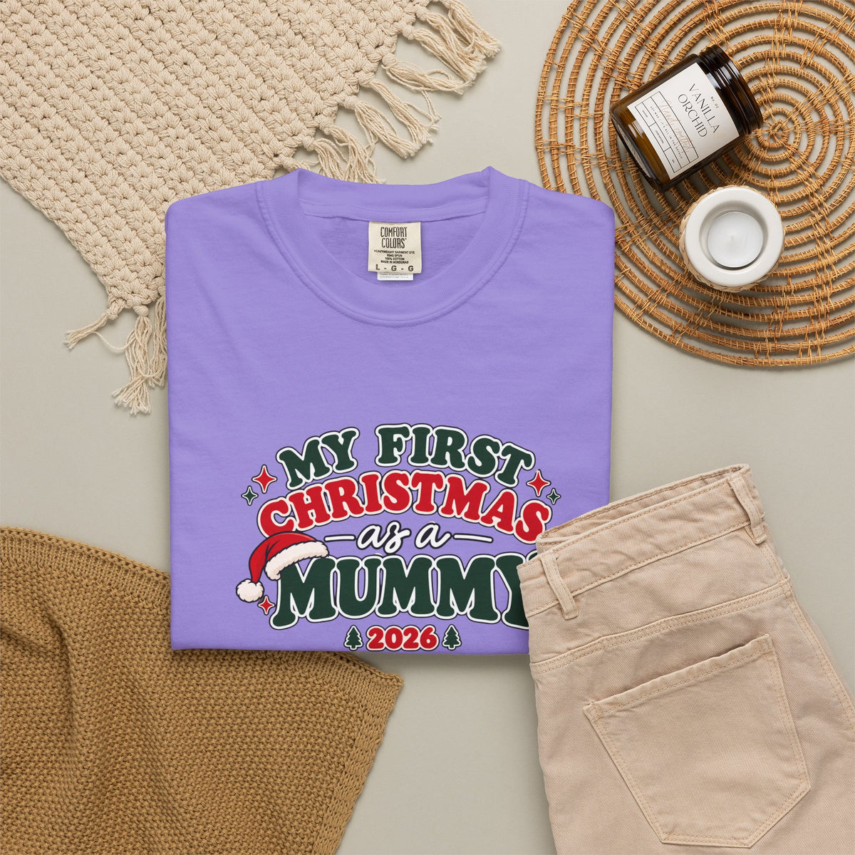 Violet T-shirt with 'My First Christmas as a Mummy 2026' graphic