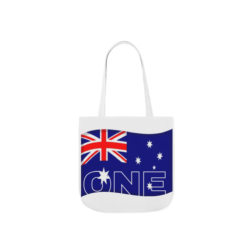 White canvas tote bag with blue Australia flag 'ONE' print and long handles