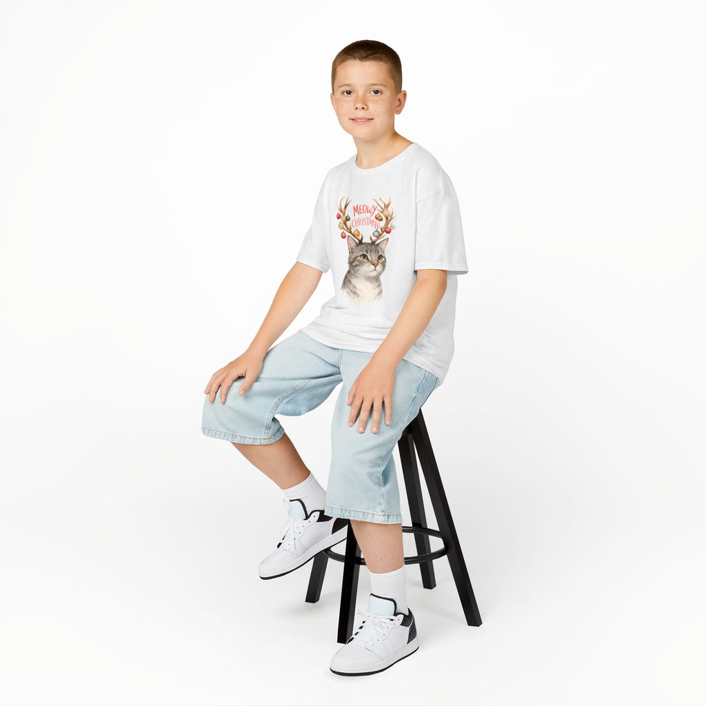 Kids Christmas Cat T‑Shirt — “Meowy Christmas” Reindeer Antler Design
