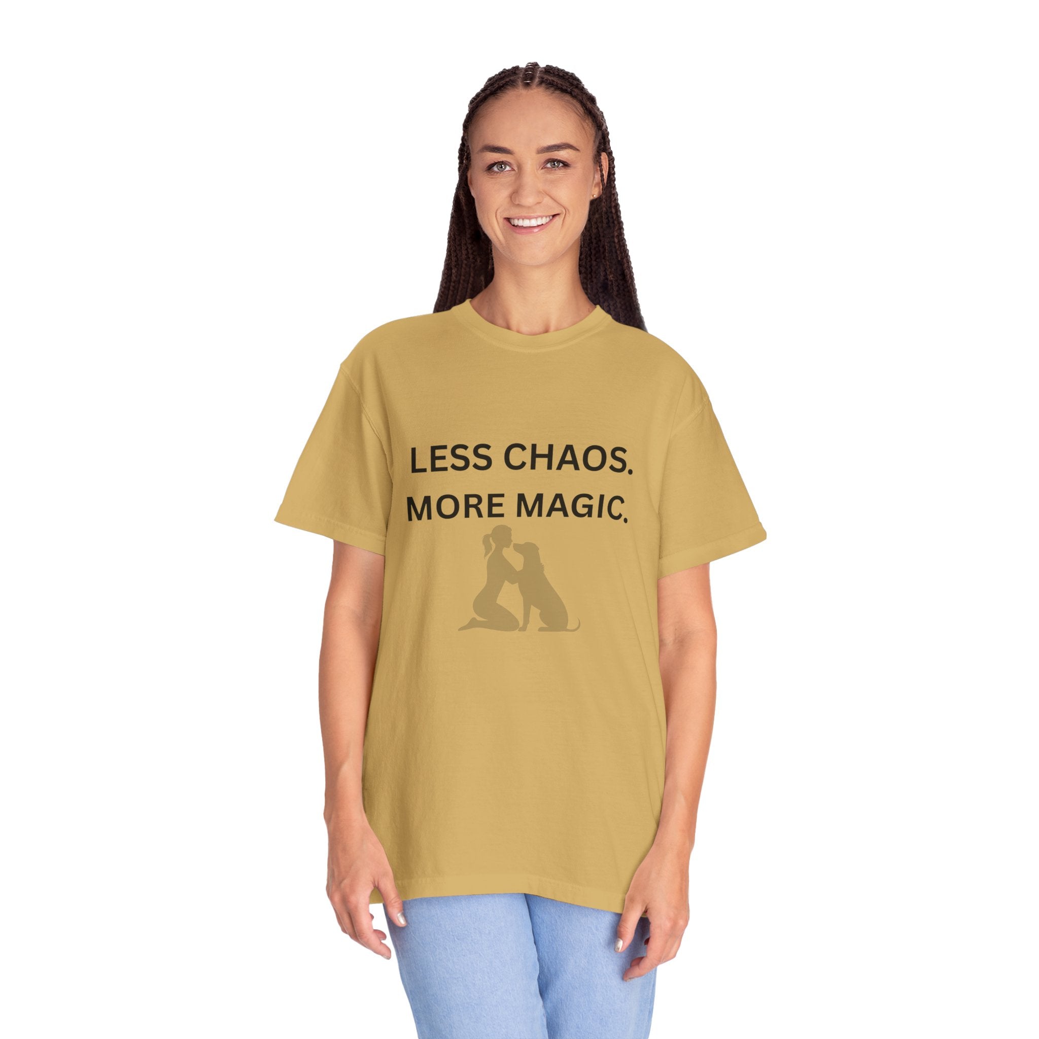 Less Chaos, More Magic T-Shirt — Woman + Dog Silhouette Graphic Tee