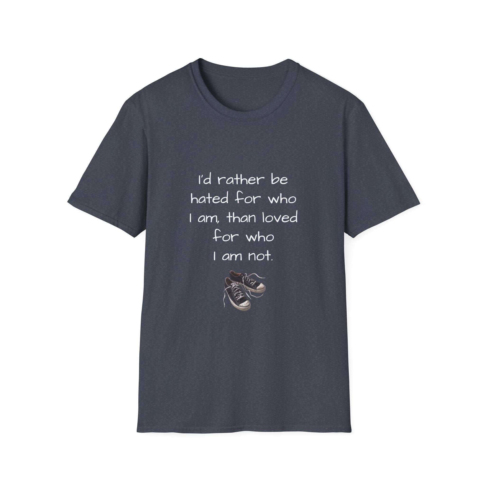 Dark heather unisex T-shirt with white quote and sneaker graphic on front
