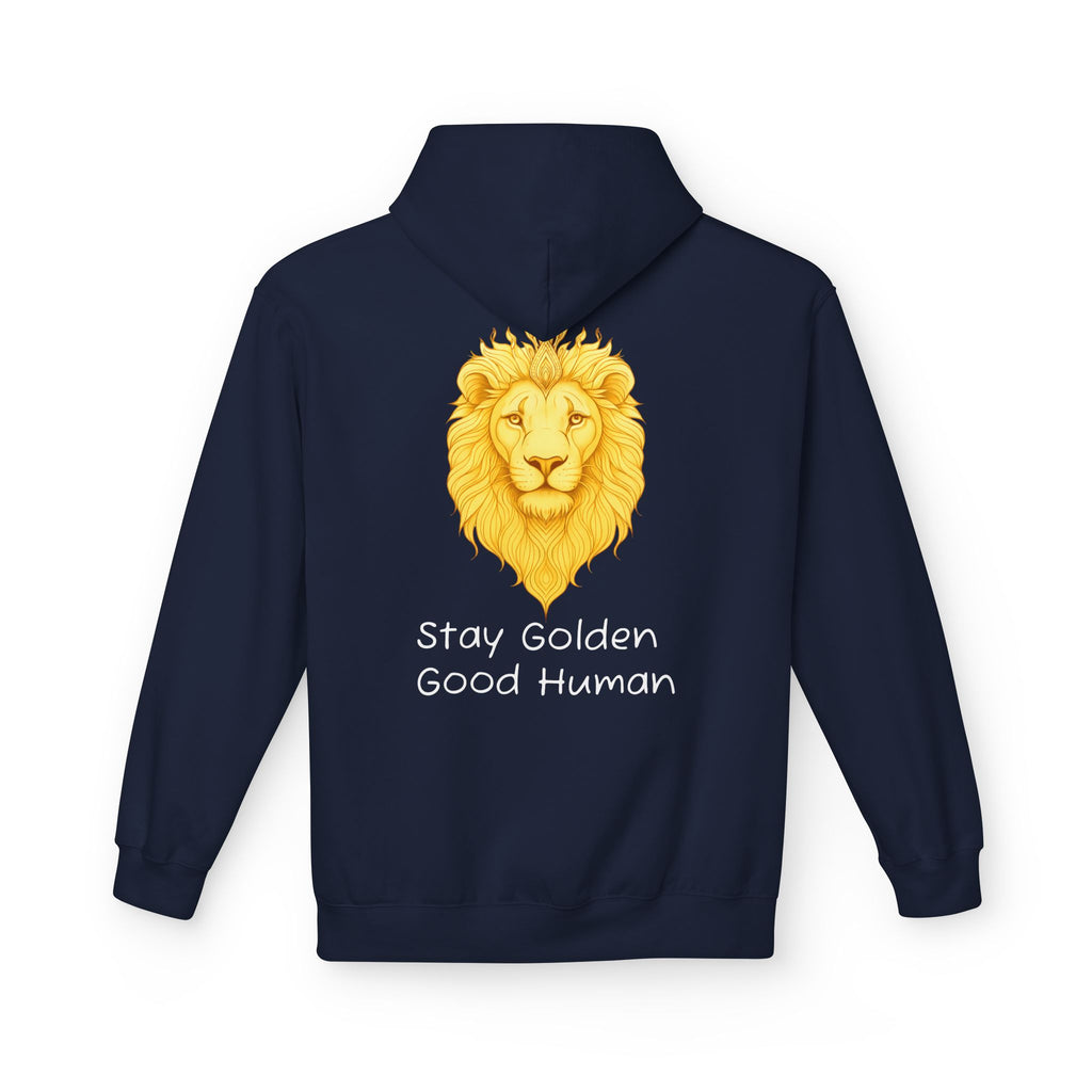 Unisex navy hoodie with golden lion graphic and “Stay Golden Good Human” on front