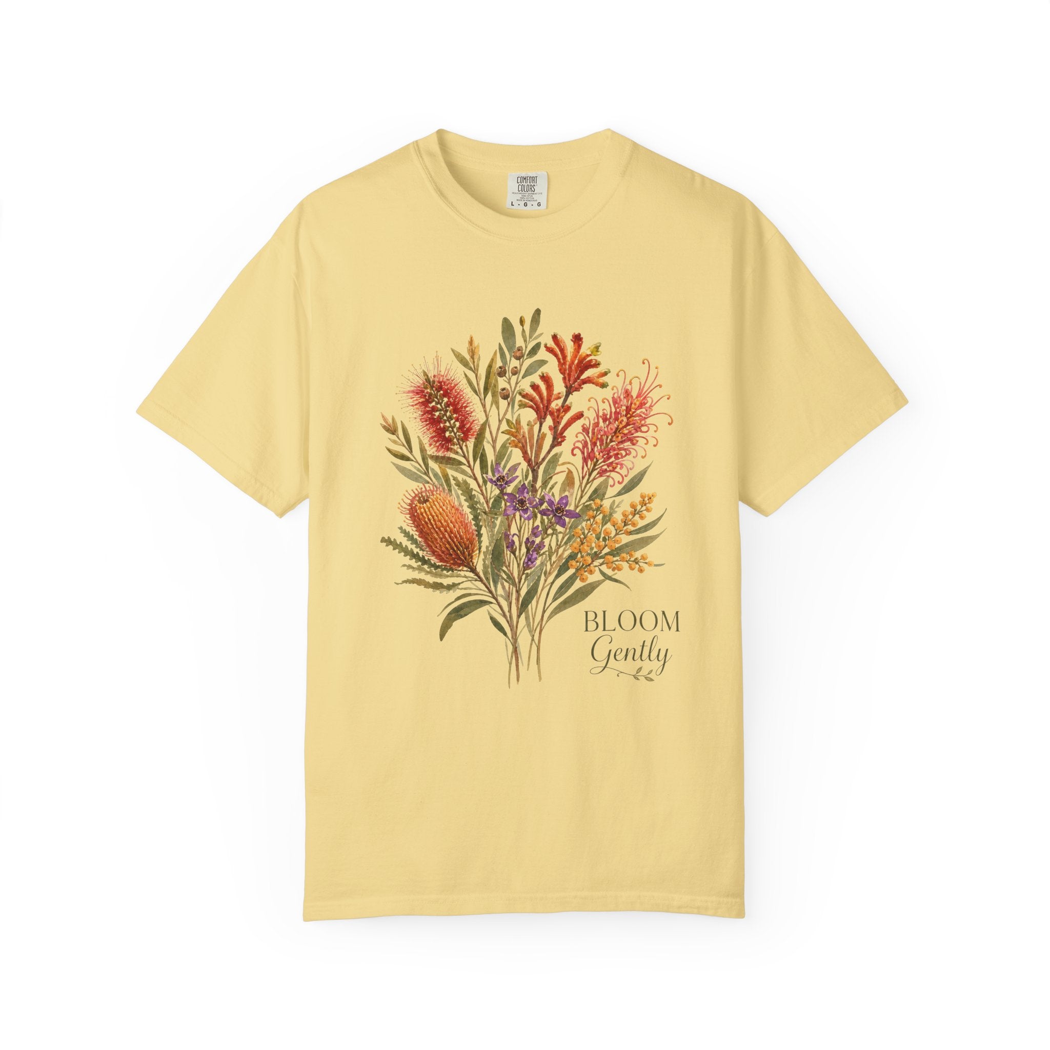 Butter yellow floral bouquet graphic t-shirt with “Bloom Gently” text on the chest.