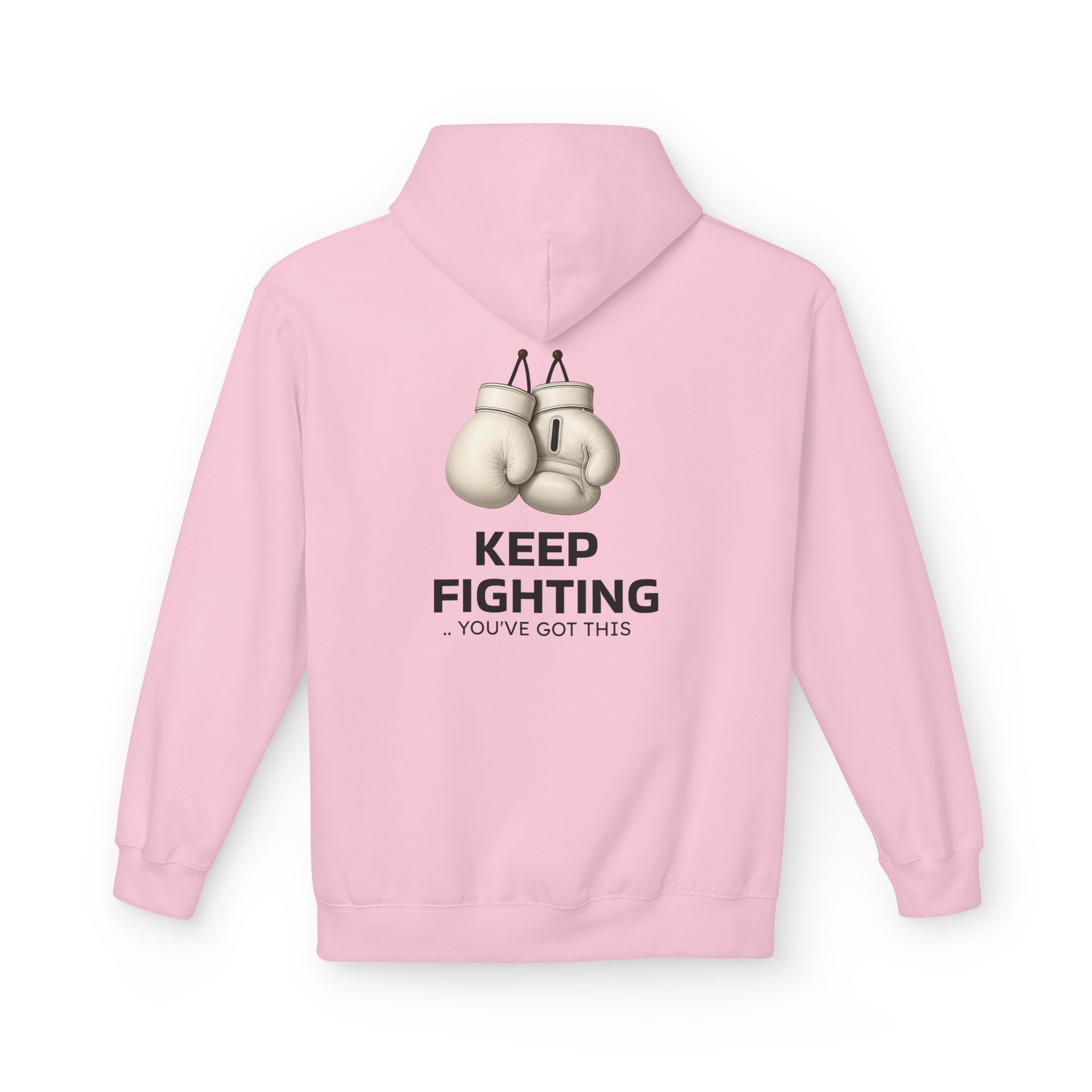 Light pink hoodie with hood and kangaroo pocket, back boxing gloves graphic “Keep Fighting”