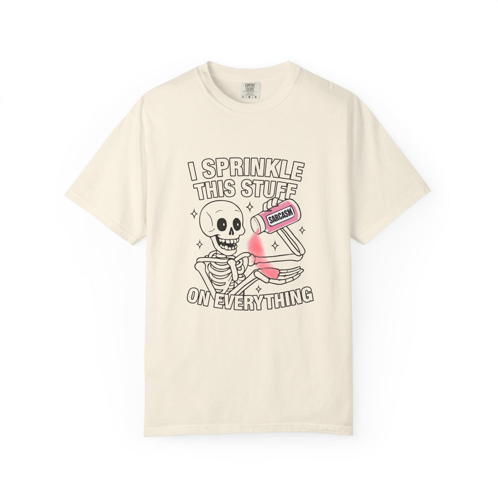 Ivory T-shirt with skeleton skull holding a pink sarcasm can graphic
