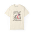 Ivory T-shirt with skeleton skull holding a pink sarcasm can graphic