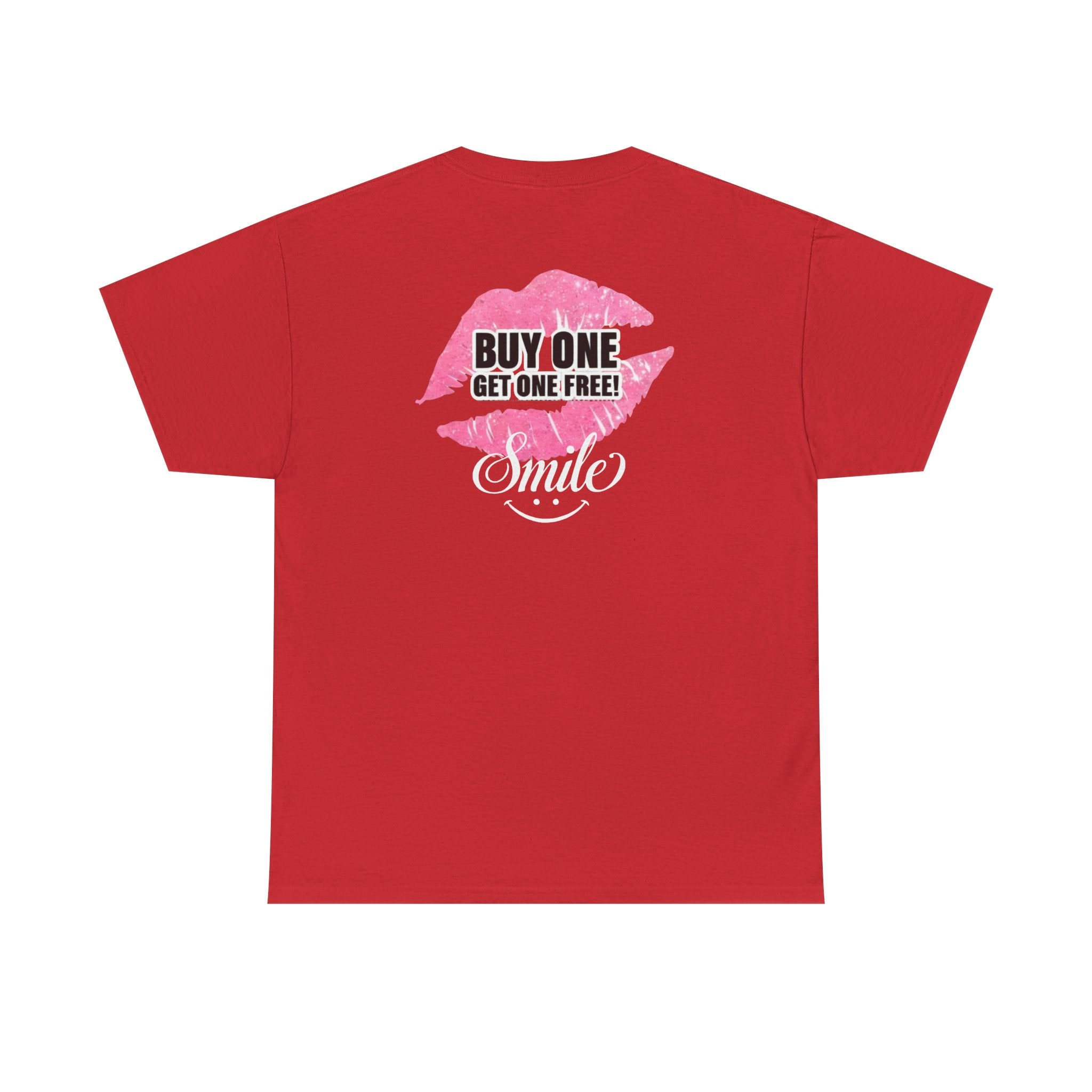 Red graphic back-print t-shirt with pink lips and “BUY ONE GET ONE FREE” Smile text