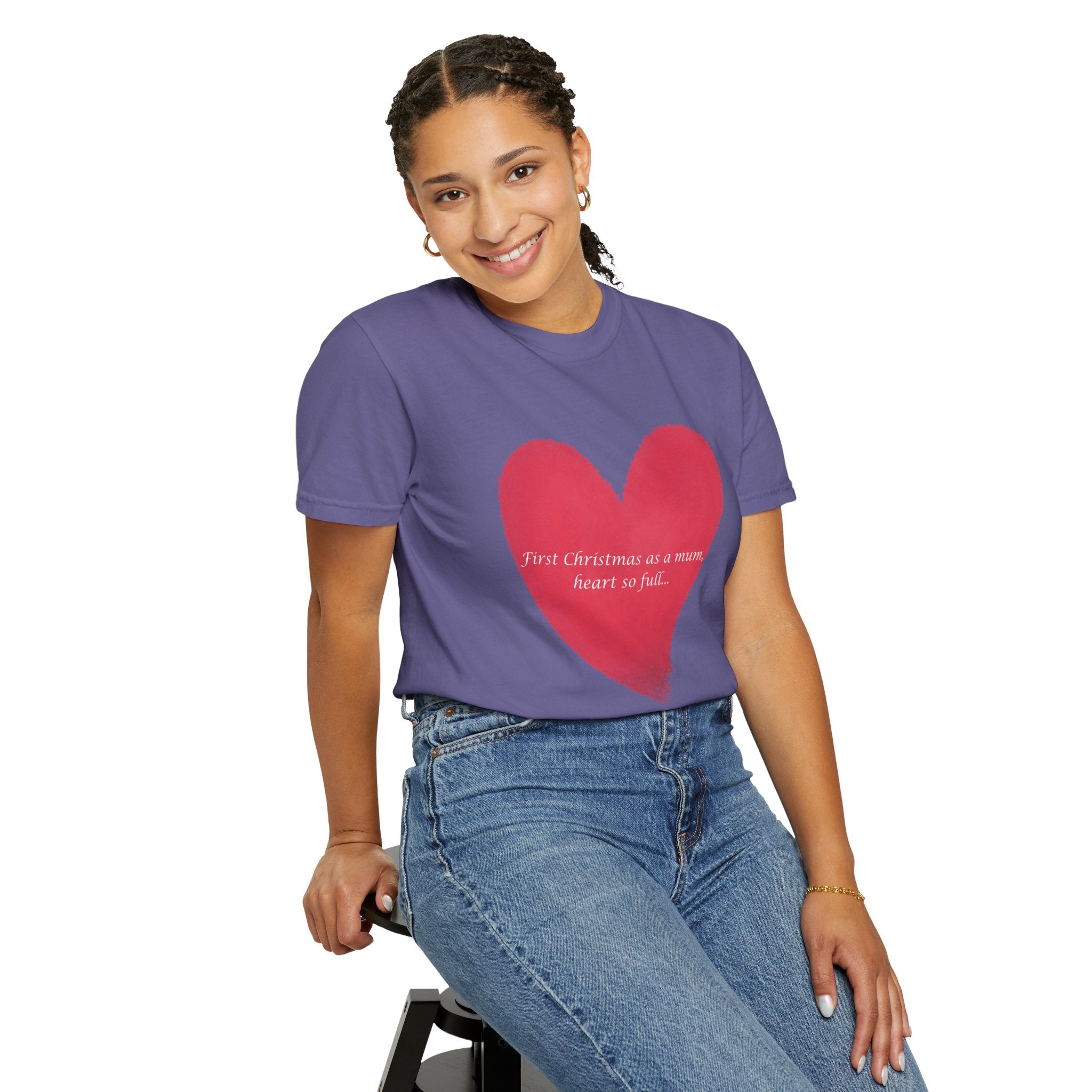 Lavender women’s T-shirt with red painted heart graphic and centered chest script