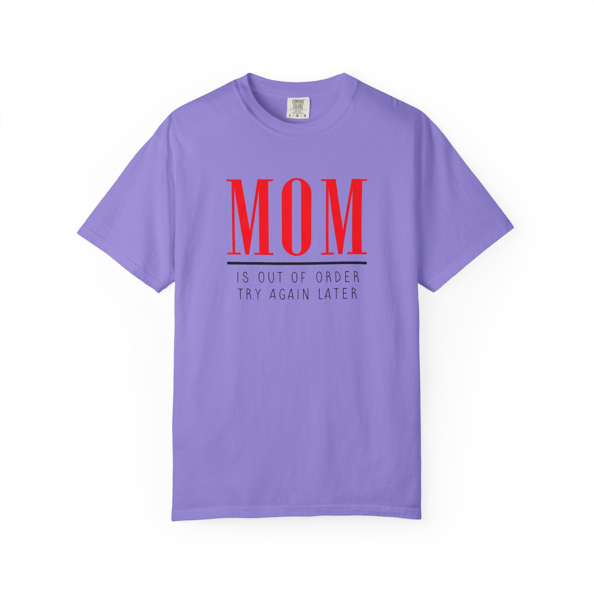Purple T-shirt with red “MOM” graphic and smaller slogan text underneath