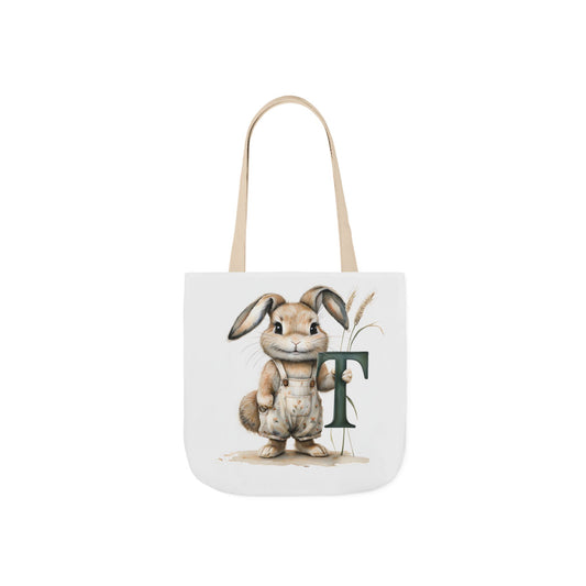 Cute Letter T Bunny Canvas Tote Bag with Colorful Straps, Eco-Friendly Reusable Shopping Bag, Easter Gift, Spring Tote, Cute Gift idea