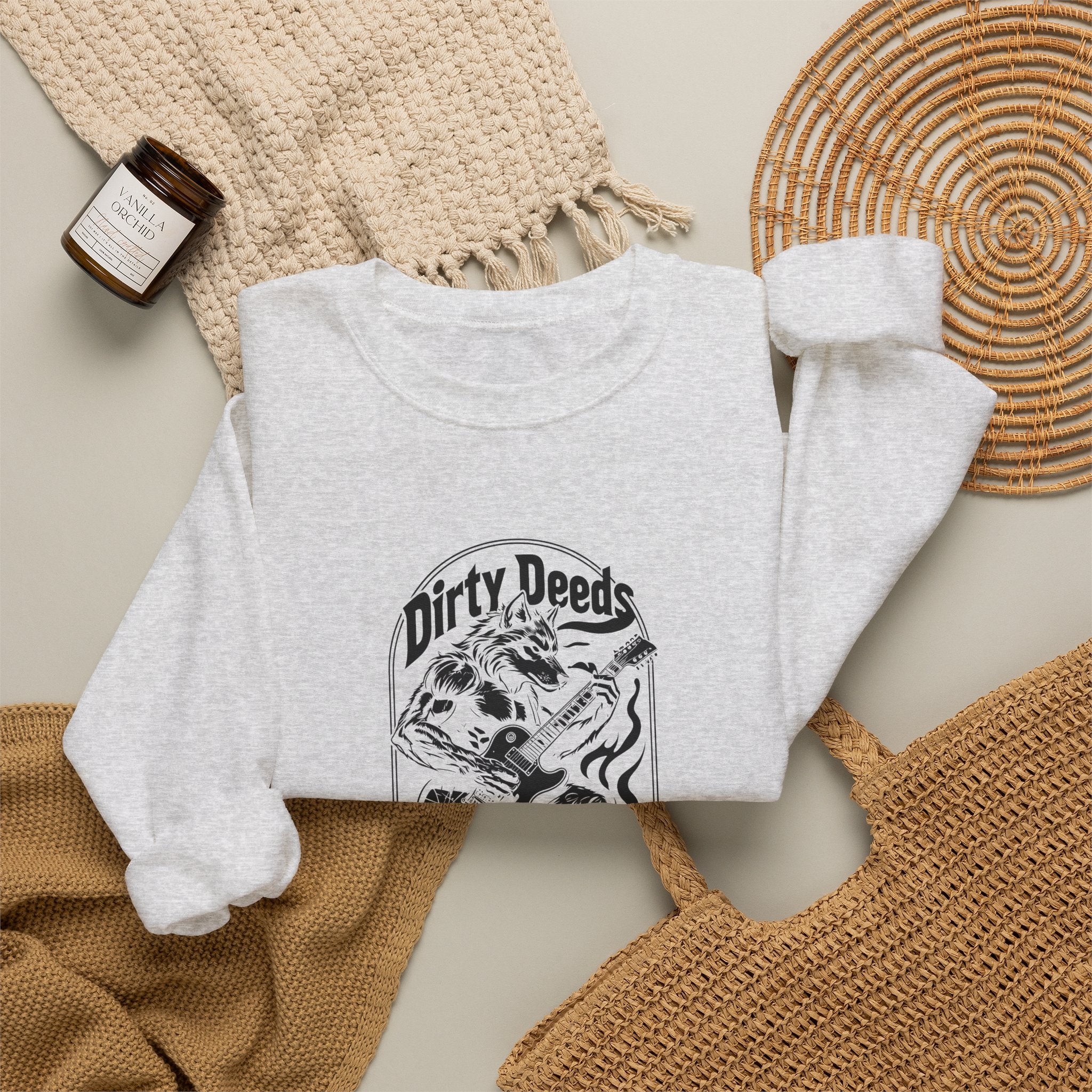 Crewneck Sweatshirt — 'Dirty Deeds Done Dirt Cheap' Retro Skull Graphic