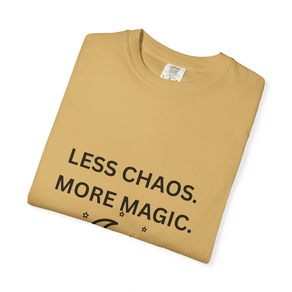 Less Chaos, More Magic T-Shirt — Crescent Moon + Stars Graphic Tee