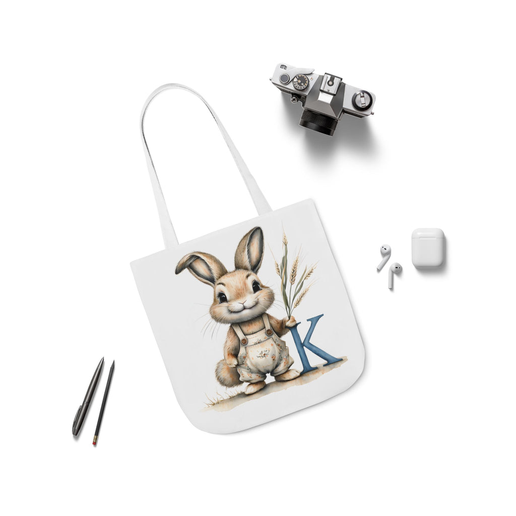 Whimsical Letter K Bunny Canvas Tote Bag, Perfect for Spring, Easter, Gardening, Eco-Friendly Shopping, Cute Animal Design