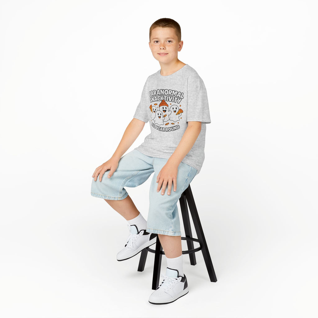 Kids ash gray T-shirt with cute ghost cartoon graphic, worn with denim shorts