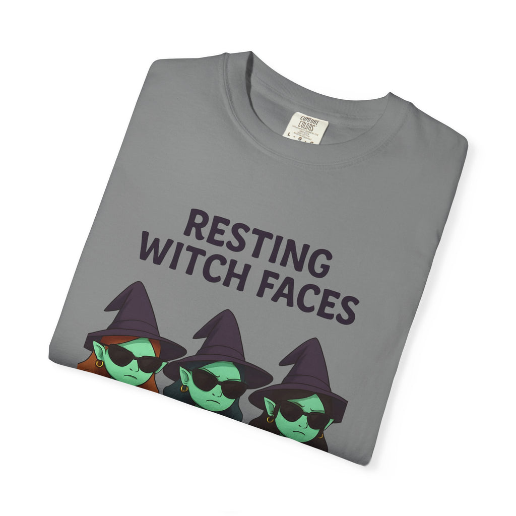 Dark gray crew-neck graphic T-shirt with witch faces print
