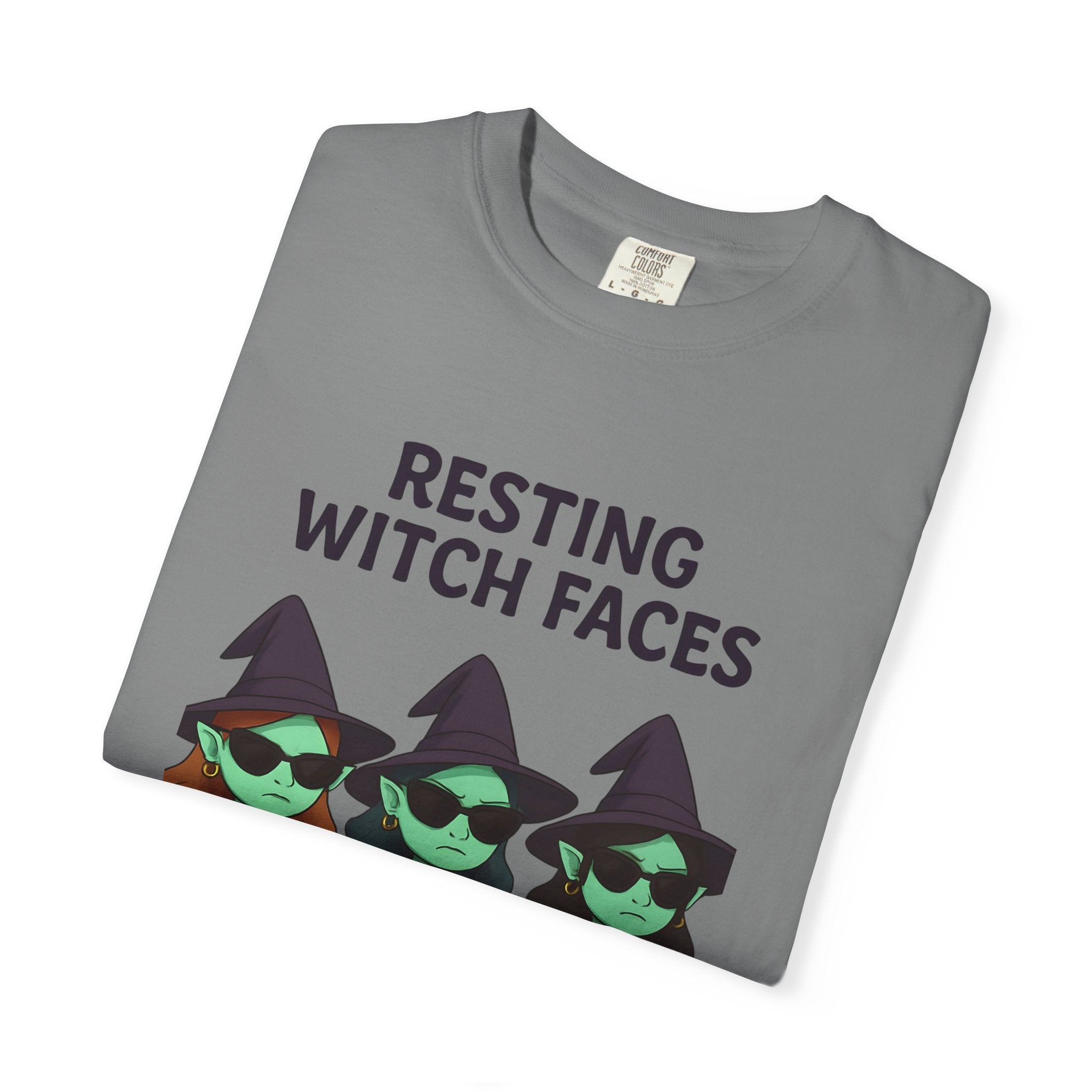 Dark gray crew-neck graphic T-shirt with witch faces print