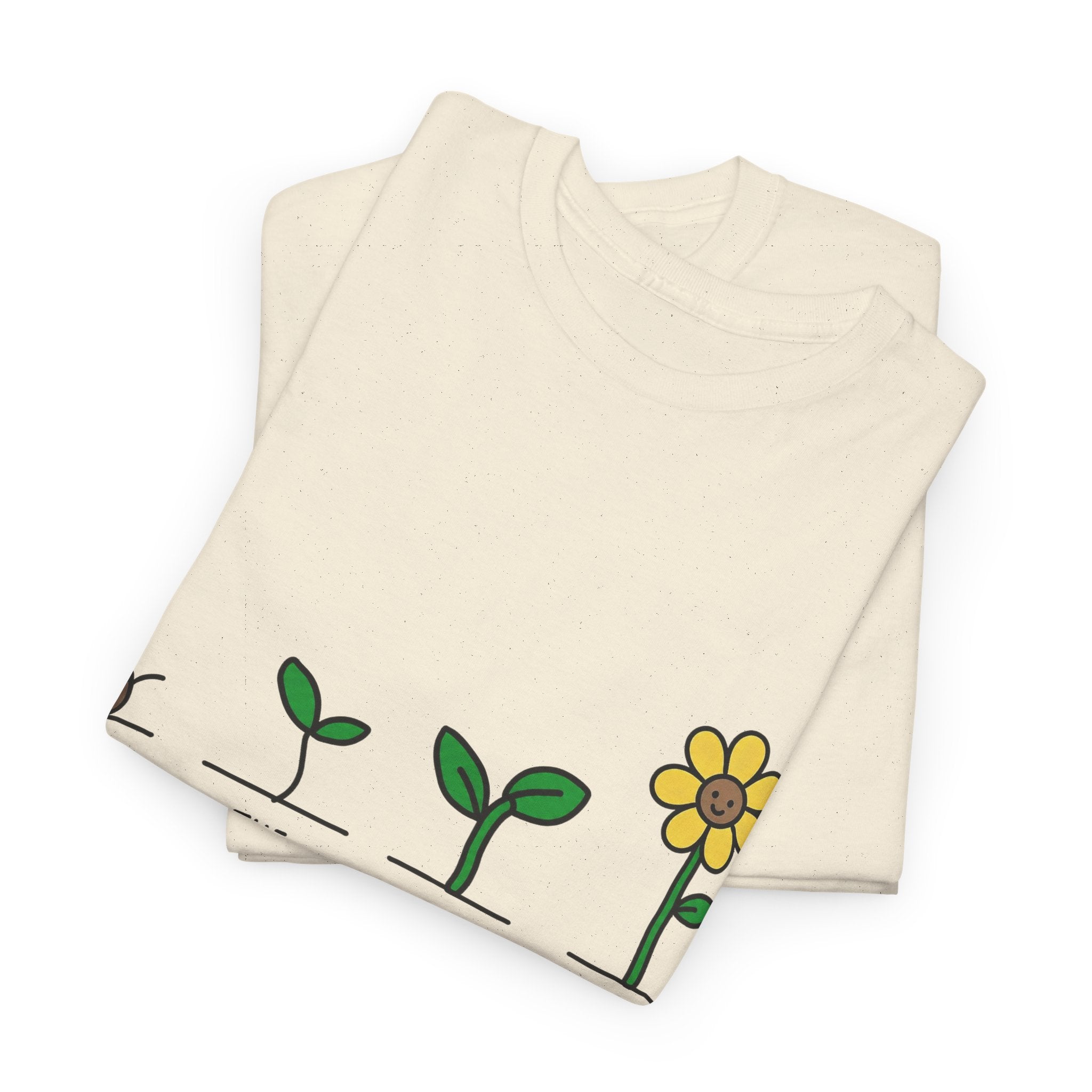 Light tan crew-neck T-shirt with seedling-to-flower graphic
