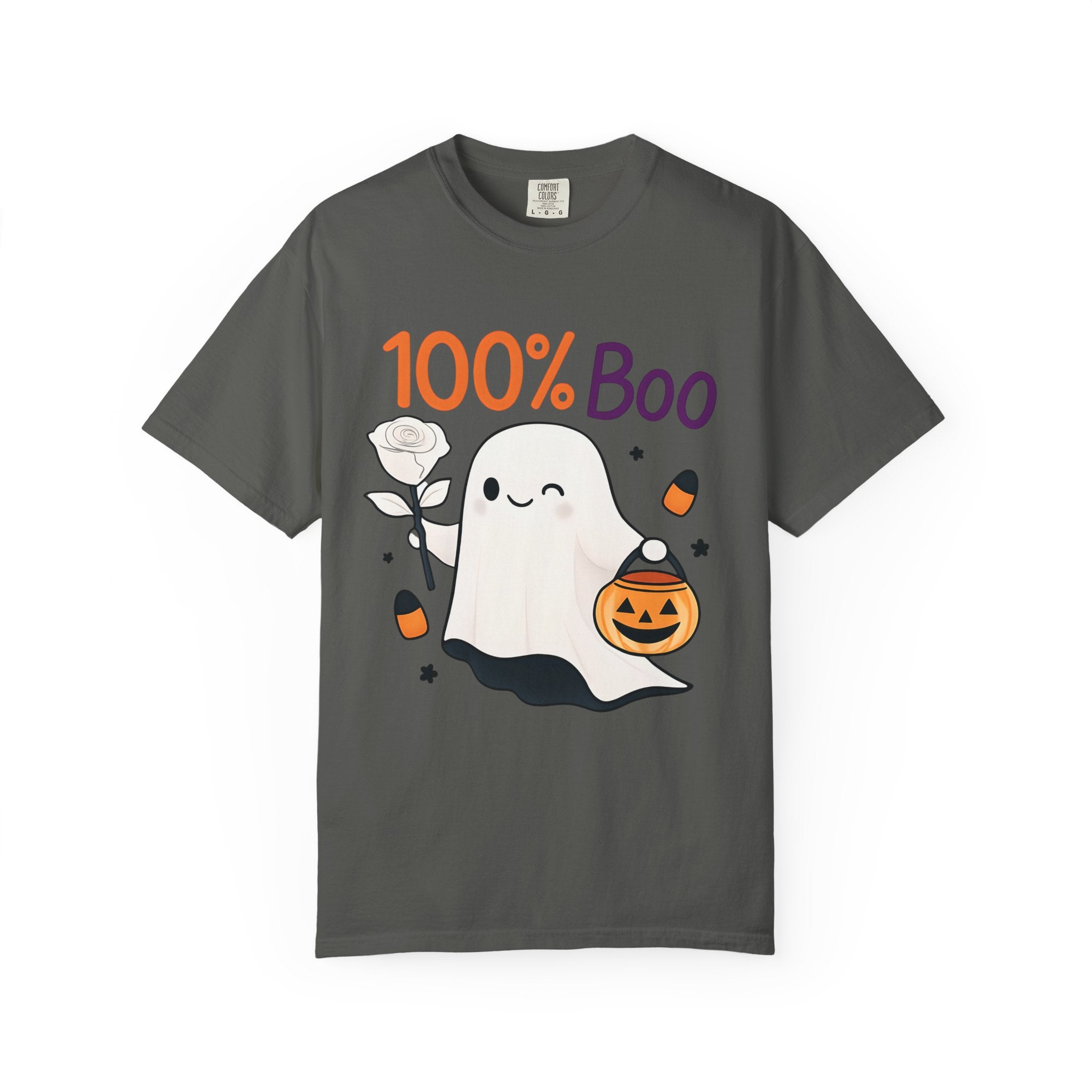 Dark gray Halloween graphic t-shirt with “100% Boo” ghost and pumpkin