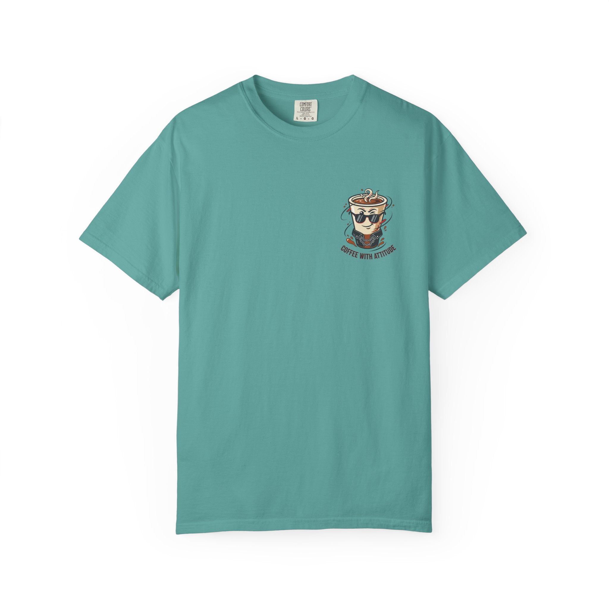 Mum T-shirt, teal crewneck with coffee attitude graphic on chest