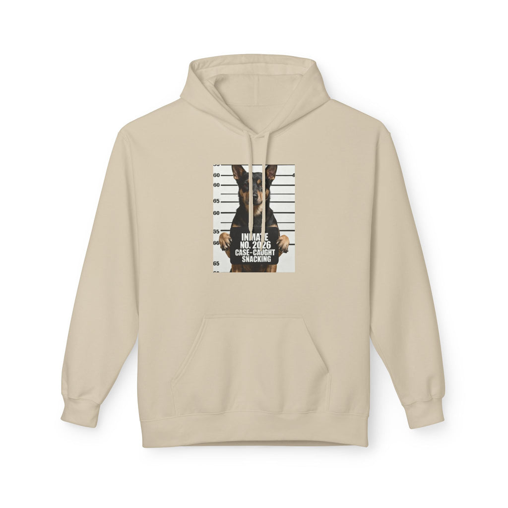 Beige hoodie with front kangaroo pocket and centered dog graphic print on chest