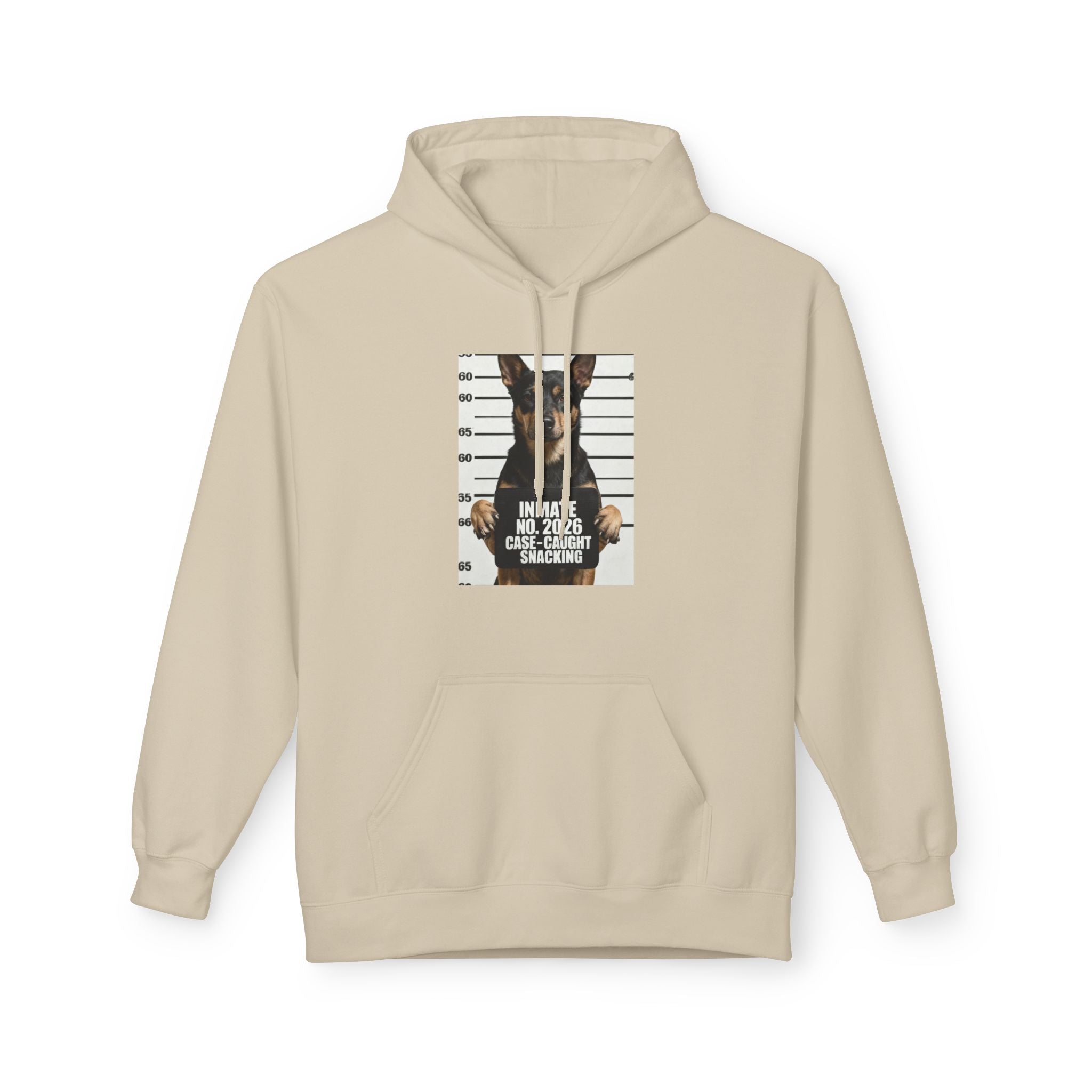Beige hoodie with front kangaroo pocket and centered dog graphic print on chest