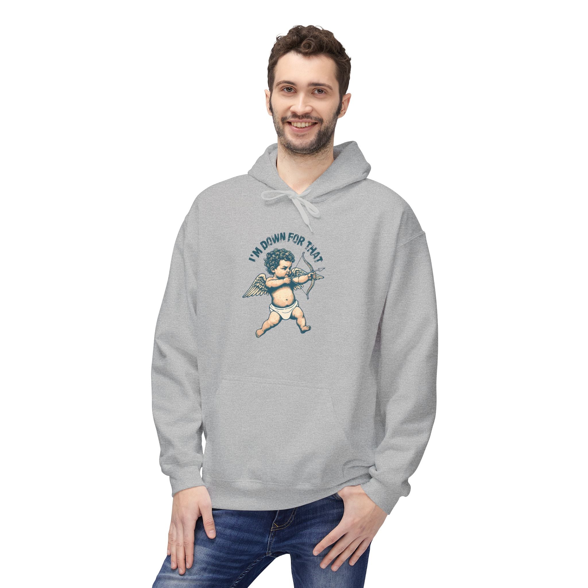Light gray pullover hoodie with hood and centered Cupid graphic