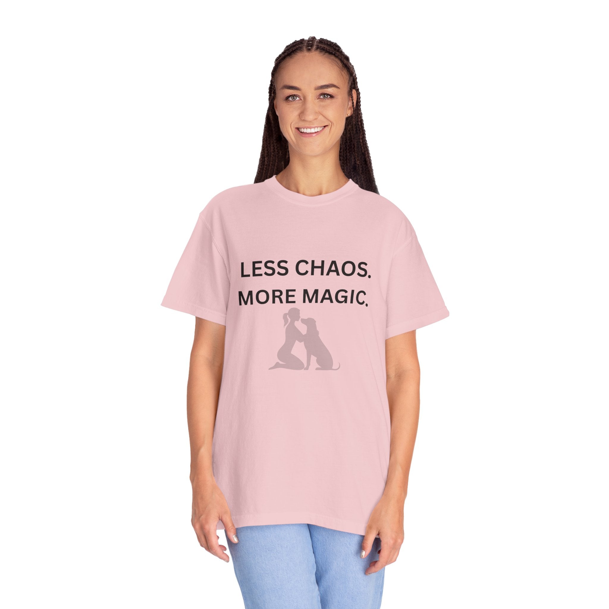 Less Chaos, More Magic T-Shirt — Woman + Dog Silhouette Graphic Tee