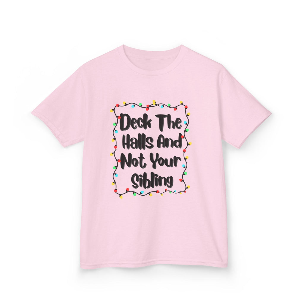 Light pink kids graphic tee with colorful holiday lights and readable slogan