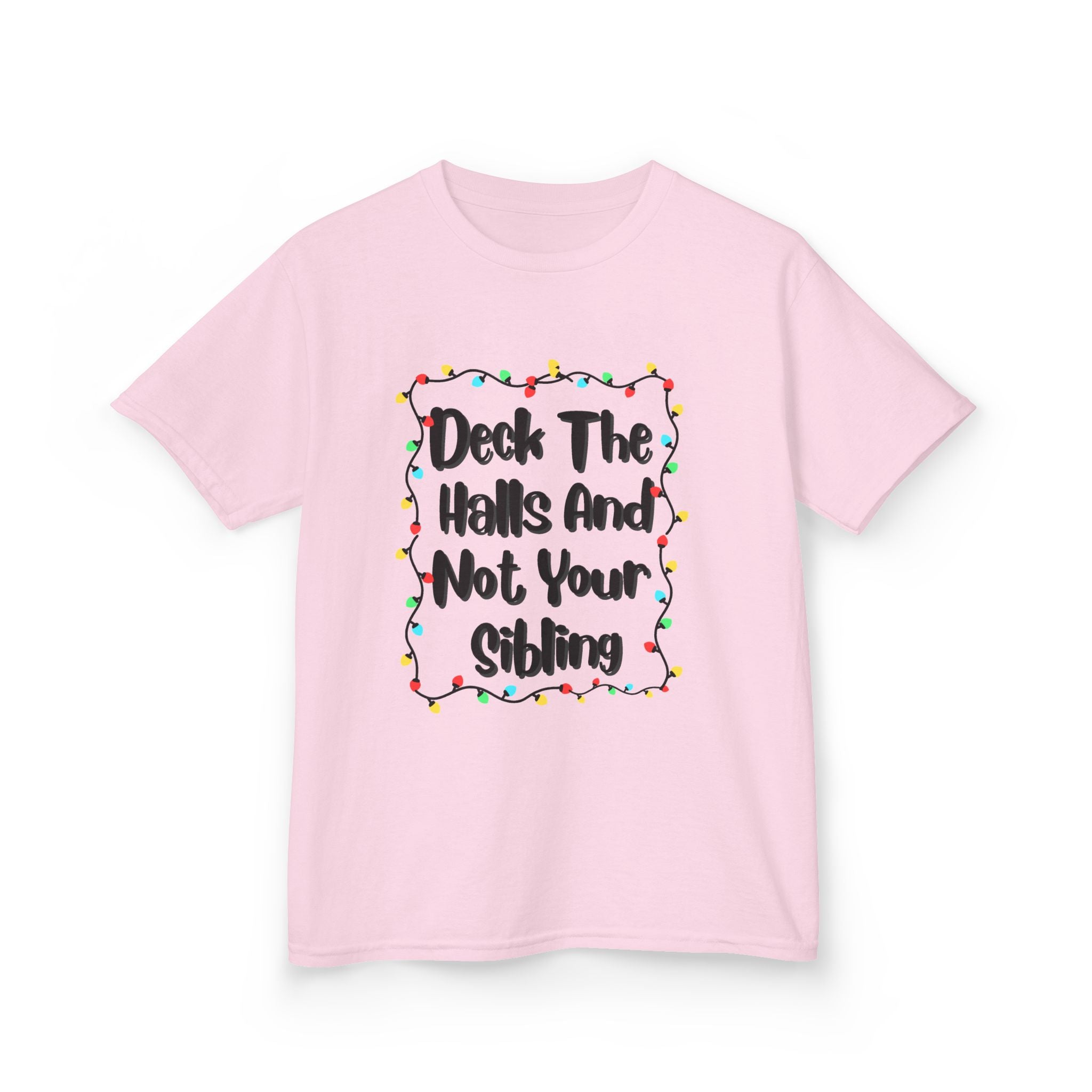 Light pink kids graphic tee with colorful holiday lights and readable slogan