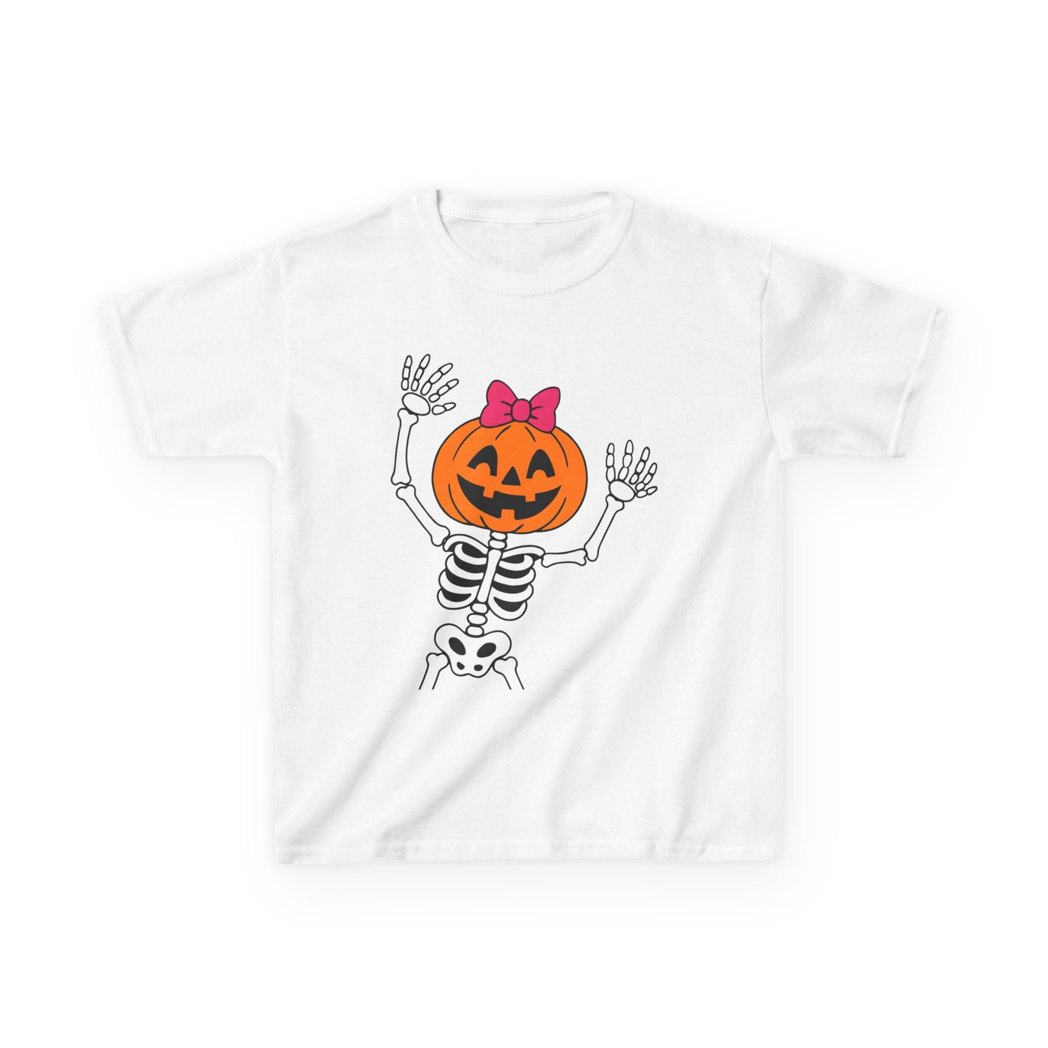 Kids white Halloween crew-neck tee with skeleton holding jack-o’-lantern pumpkin and pink bow
