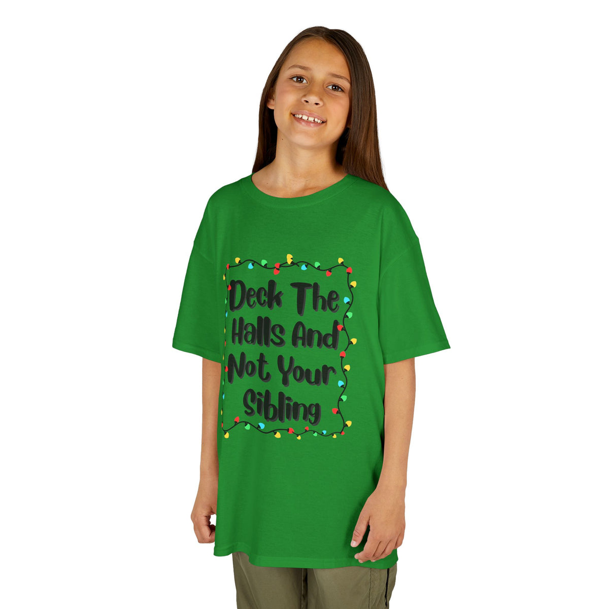 Green kids T-shirt with festive wreath light graphic and text "Deck the Halls"