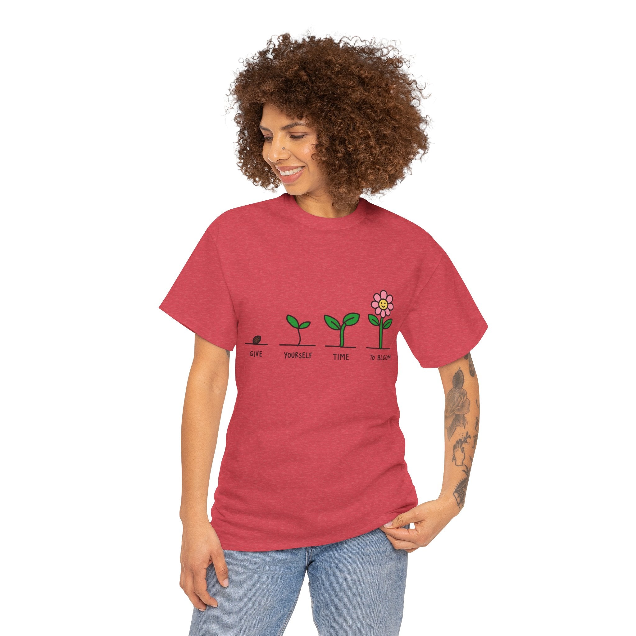 Red crew-neck graphic tee with green sprout-and-flower growth artwork