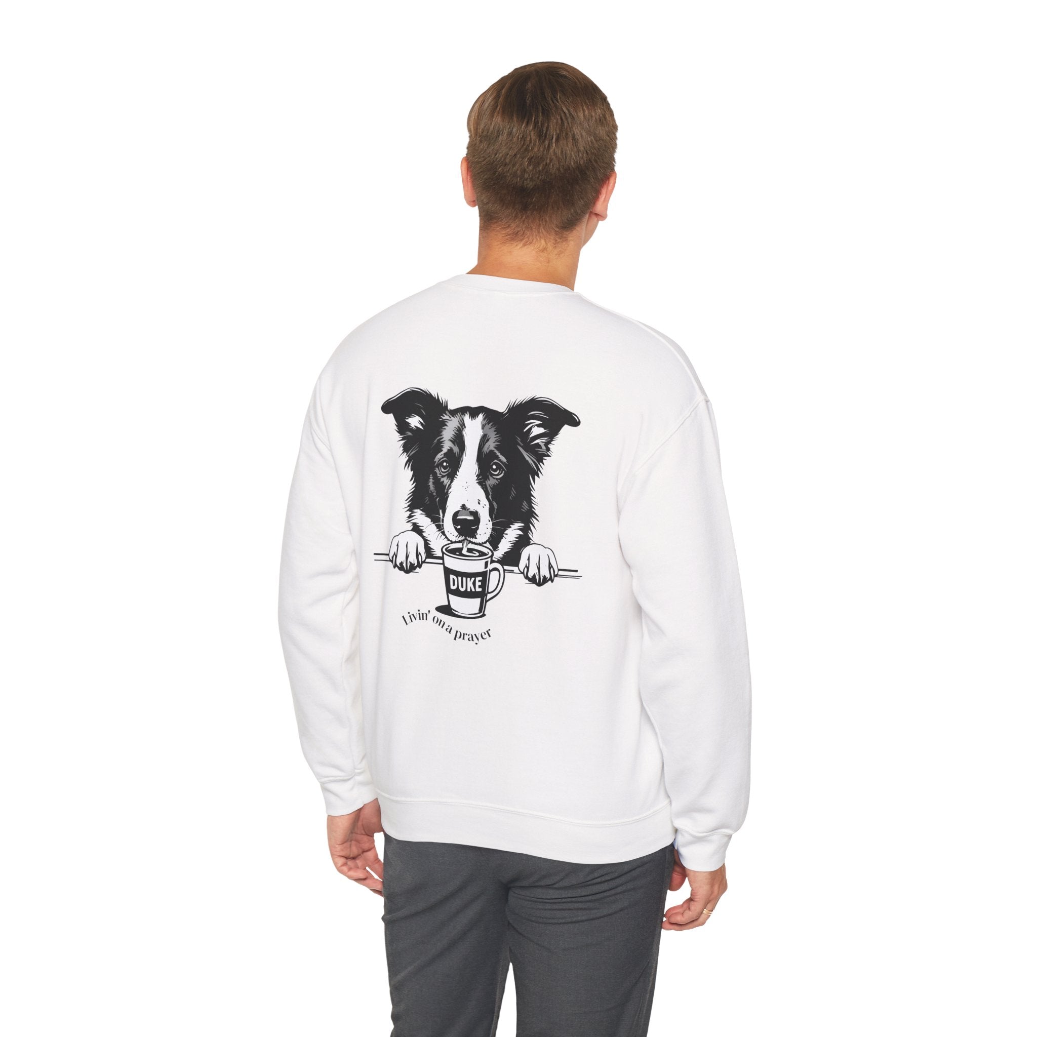 White crewneck sweatshirt, back view with black-and-white border collie graphic